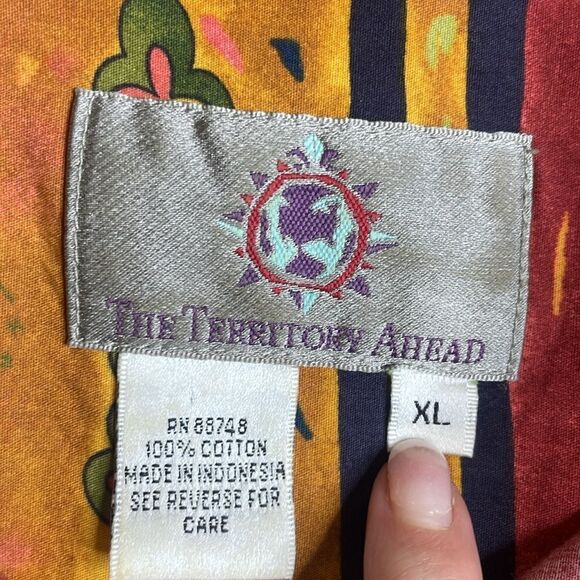90s Vtg The territory Ahead Short Sleeve Playa Los Cocos Print Red and Brown XL - Picture 3 of 9